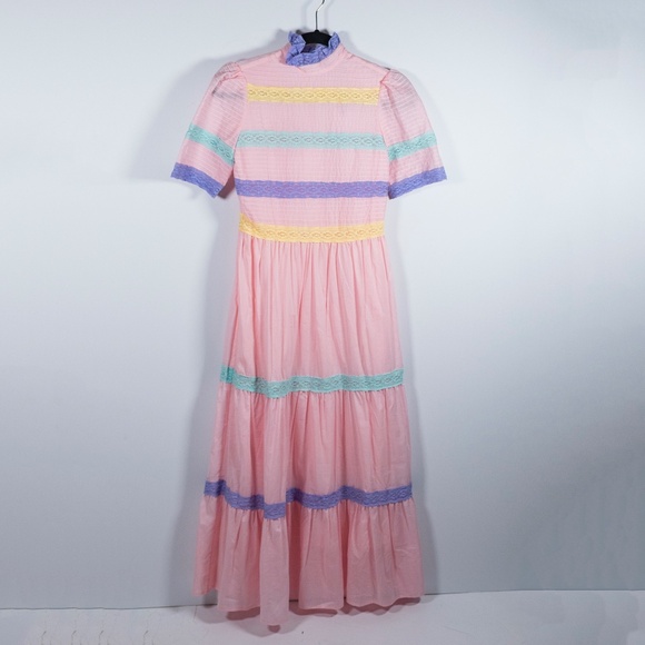 NEW Olivia Rubin Alia Cotton Lightweight Tiered Lace Trim Mock Neck Maxi Dress 0 - Picture 1 of 4